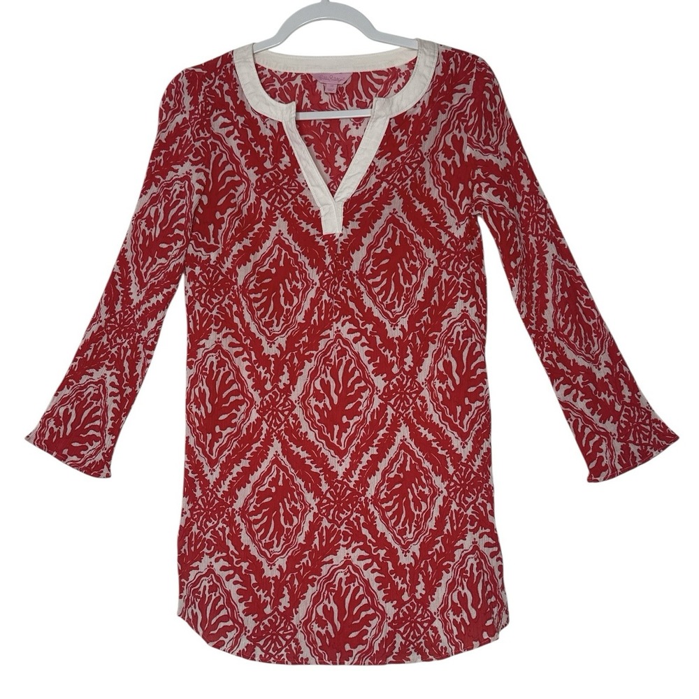Lilly Pulitzer Dress Cover Up Womens XS Long Sleeve Coral Beach Resort Cotton